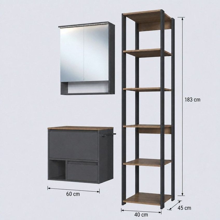 Conjunto Gabinete Banheiro Modulado 3 Peças Com Iluminação Em Led 100cm Grafite Mel Grafite / Mel - imagem 3