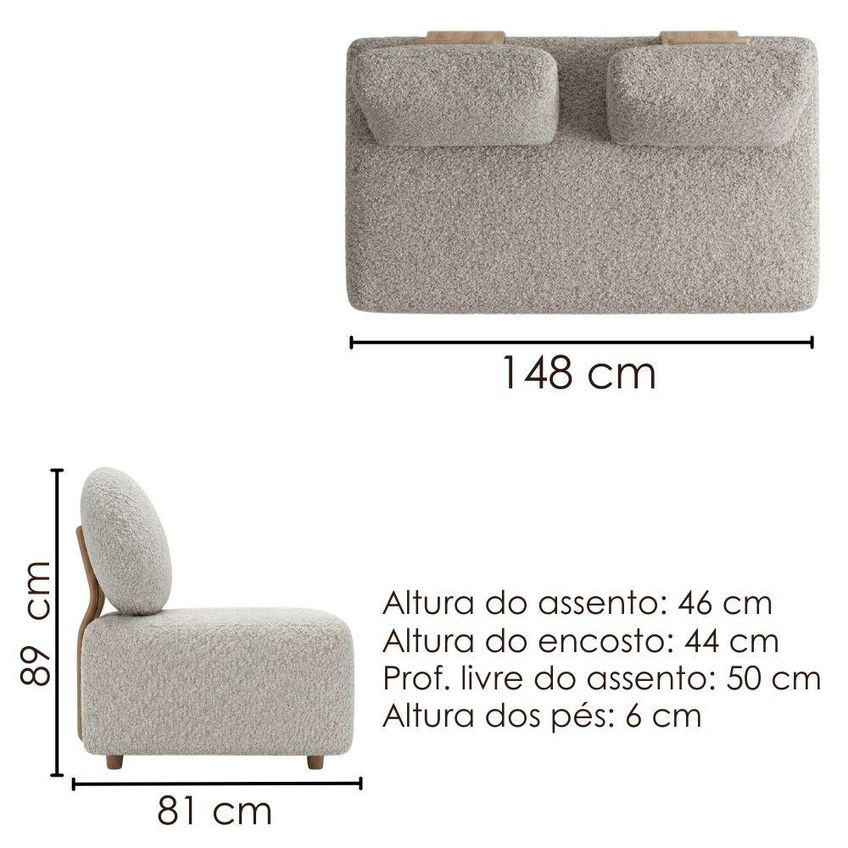 Sofá Modular 2 Lugares Block 148 Cm Pes Madeira Boucle Tce 1018 Moll - imagem 3
