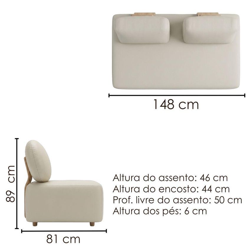 Sofá Modular 2 Lugares Block 148 Cm Pé Madeira Courino TCS 725 Moll - imagem 3