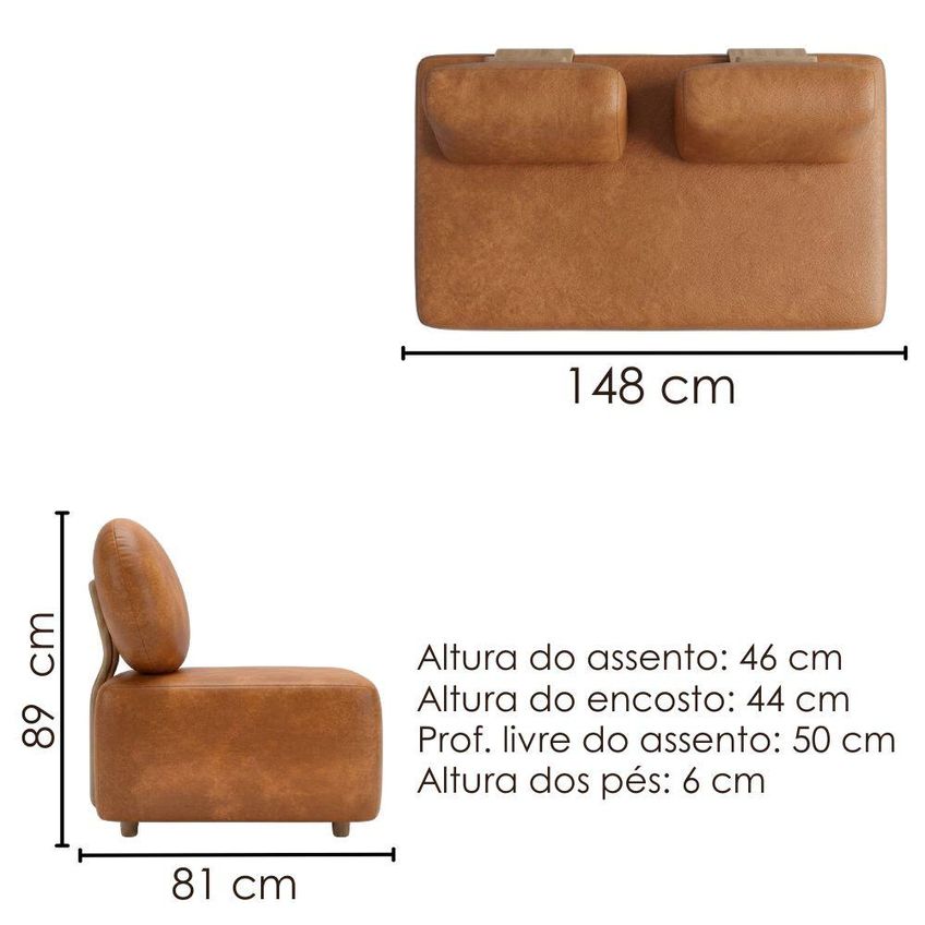 Sofá Modular 2 Lugares Block 148 Cm Pes Madeira Courino TCS 727 Moll - imagem 3