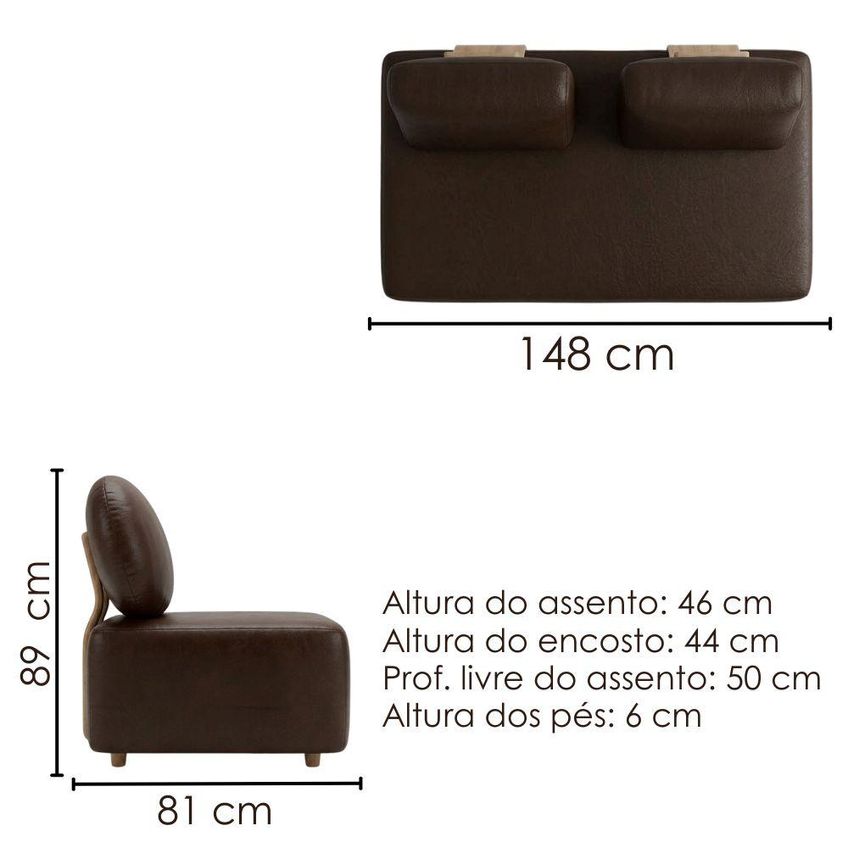 Sofá Modular 2 Lugares Block 148 Cm Pes Madeira Courino TCS 721 Moll - imagem 2