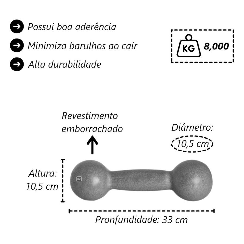 Kit Treino Força Par De Halteres Emborrachado Academia 8kg - imagem 3