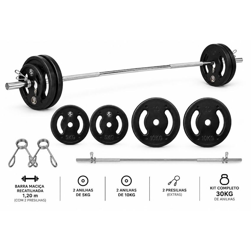Kit De Barra Com Anilhas Fitness Musculação Academia 30kg - imagem 2