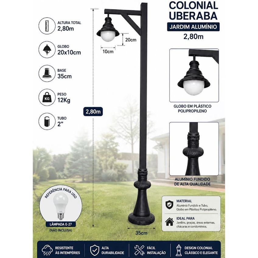 Poste Luminária Colonial Uberaba De Jardim Alumínio 2,80m - imagem 4