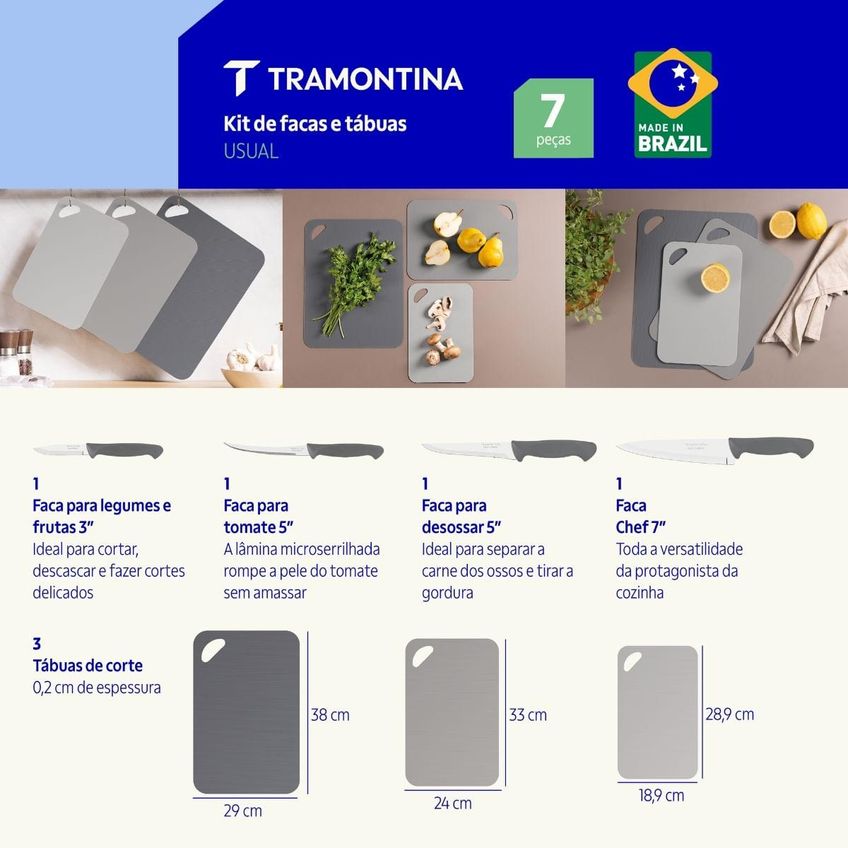 Jogo De Facas Tramontina Usual Em Aço Inox E Polipropileno Cinza 7 Peças - imagem 5