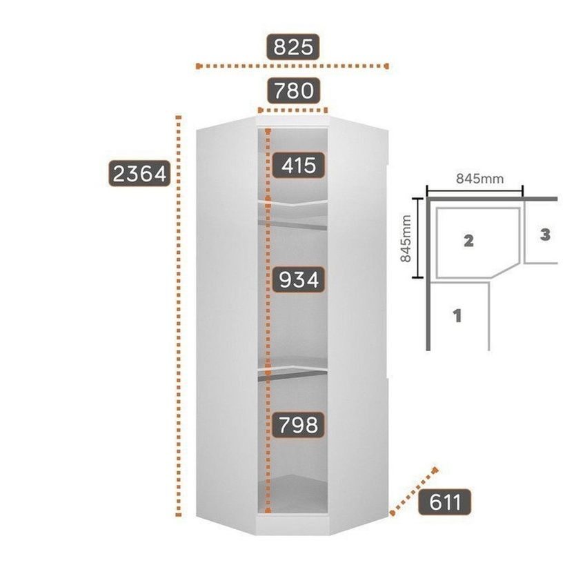 Guarda-roupa 4 Peças, 1 Módulo 2 Portas + 1 Módulo Canto Oblíquo + 1 Módulos 4 Portas MDF Branco - imagem 3