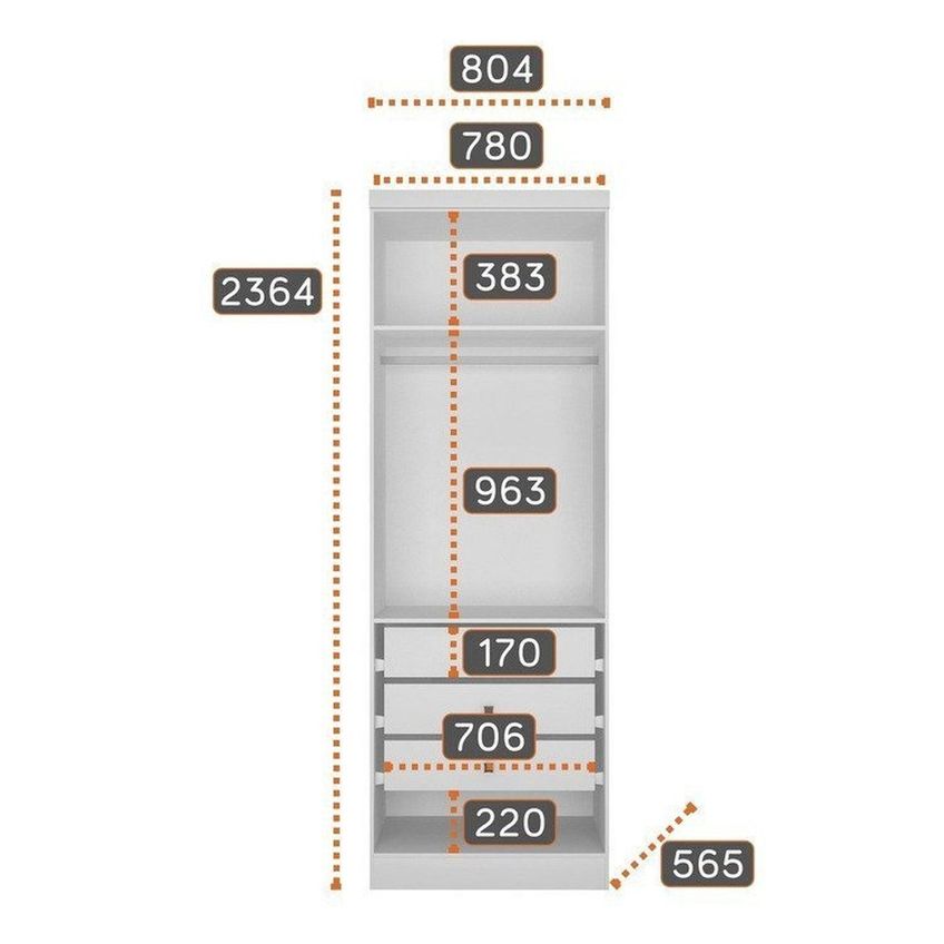 Guarda-roupa 4 Peças, 1 Módulo 2 Portas + 1 Módulo Canto Oblíquo + 1 Módulos 4 Portas MDF Branco - imagem 4