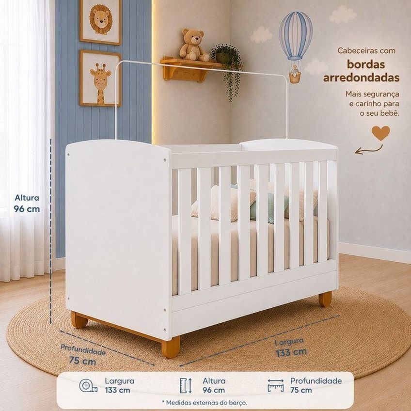 Quarto De Bebê Completo Apolo | Berço 2 Em 1, Cômoda Sapateira 100% Mdf Branco - imagem 3