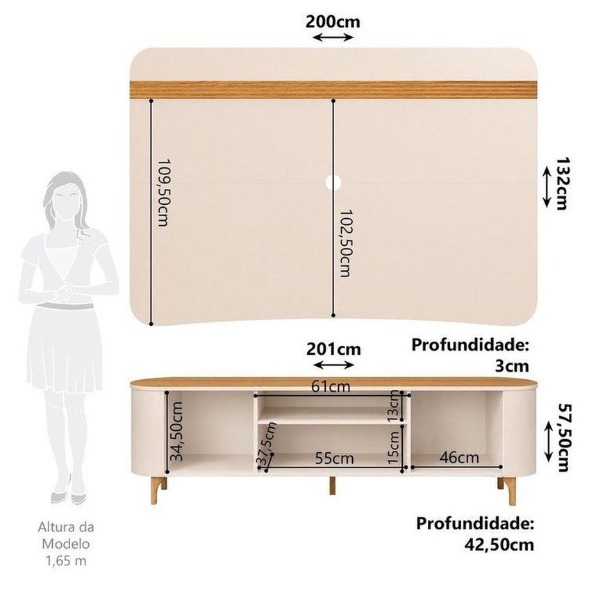 Rack Com Painel Para Tv Até 80 Polegadas 201cm 2 Portas 1 Gaveta Canelado Hera Fanes Espresso Móve Off White/cinamomo - imagem 3