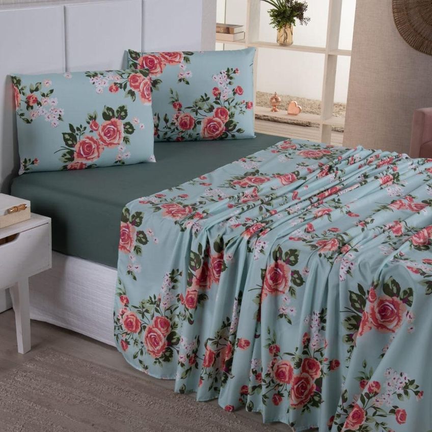Jogo De Cama Lençol Queen Lótus Micropercal 400 Fios Estampado Toque Macio 4 Peças Floral Verde - imagem 2