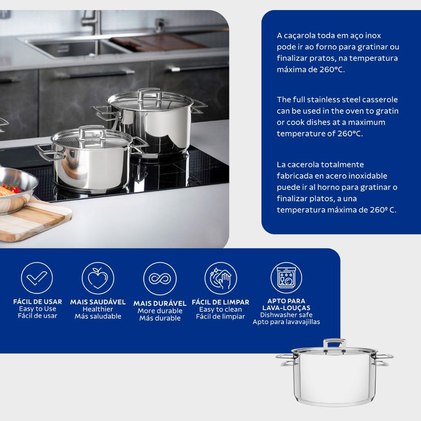 Caçarola Em Aço Inox 20 Cm 3,6 Litros Indução Brava Tramontina - imagem 3