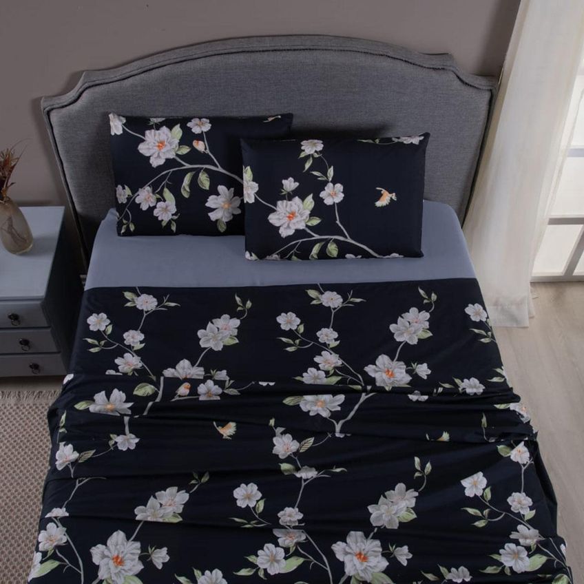 Jogo De Cama Lençol Queen Lótus Micropercal 400 Fios Estampado Toque Macio 4 Peças Floral Azul Marinho - imagem 3