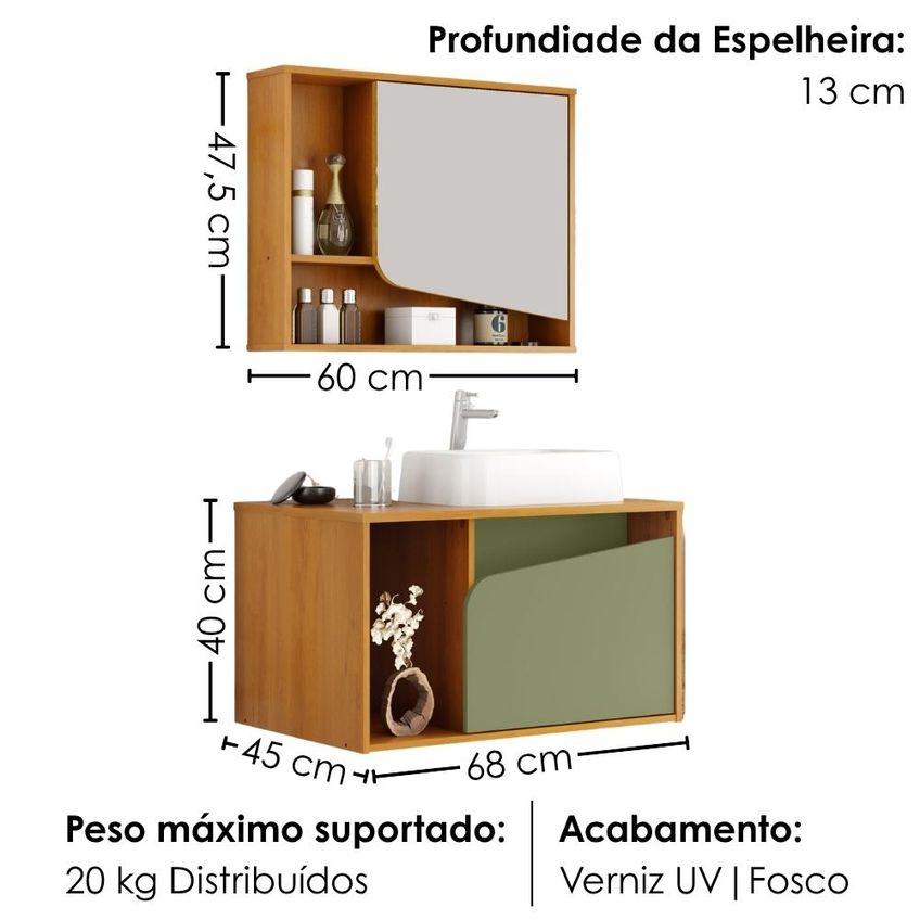 Gabinete Banheiro Espelheira E Cuba Branca Delta Naturalle Pistache Bechara - imagem 3
