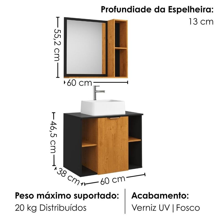 Gabinete Banheiro Espelheira E Cuba Branca 60 Cm Titan Naturalle Preto Bechara - imagem 3