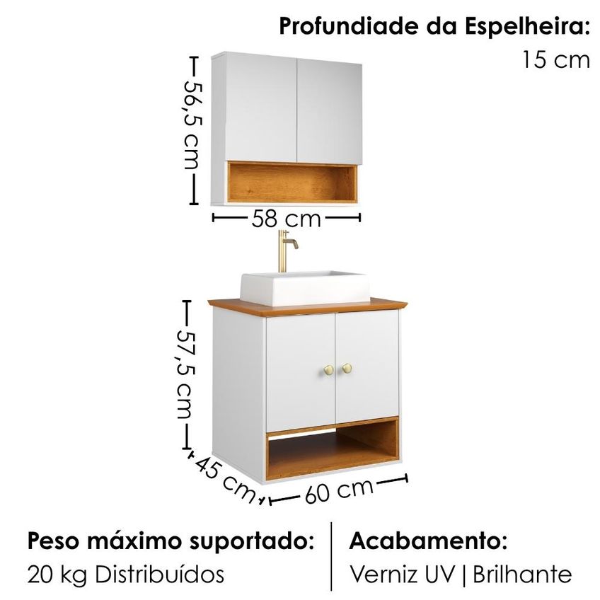 Gabinete Banheiro Espelheira E Cuba Branca Orion Naturalle Branco Bechara - imagem 3