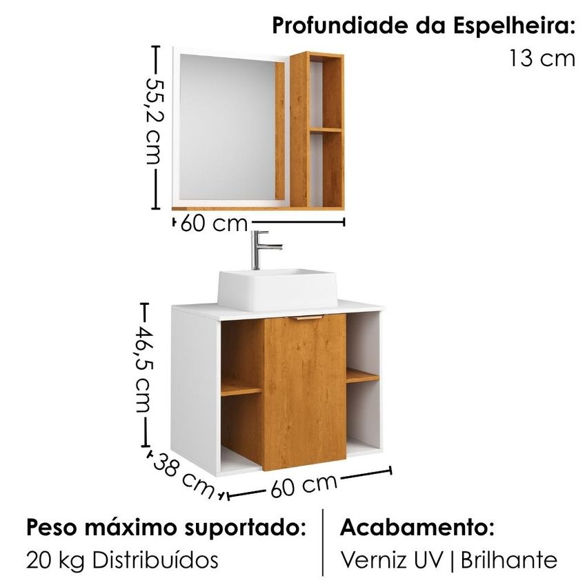 Gabinete Banheiro Espelheira E Cuba Branca 60 Cm Titan Naturalle Branco Bechara - imagem 3