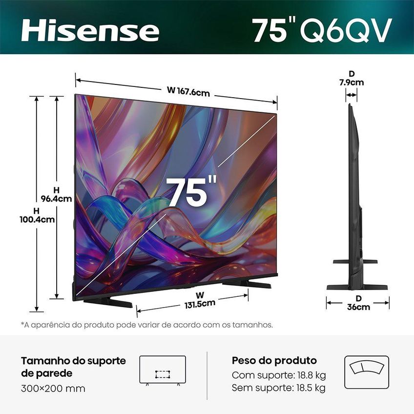 Smart TV Hisense 75" 4K QLED, Sistema Vidaa, Dolby Vision e Atmos e Modo Game - 75Q6QVV - imagem 3