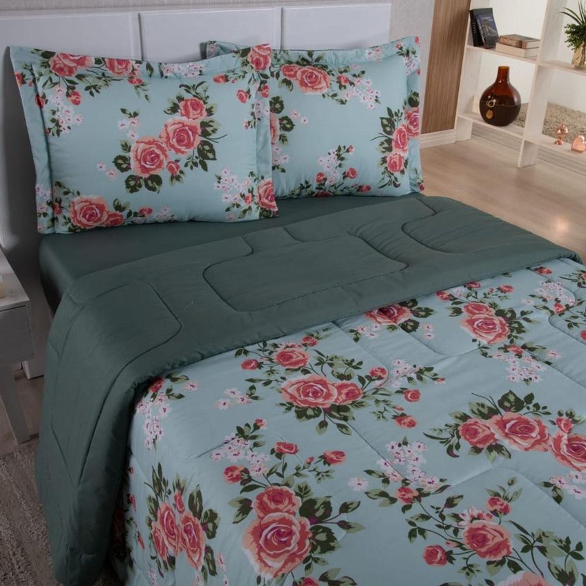 Kit Edredom Cobertor Zurique Queen Dupla Face Micropercal Estampado 400 Fios 3 Peças Floral Verde Classic - imagem 3