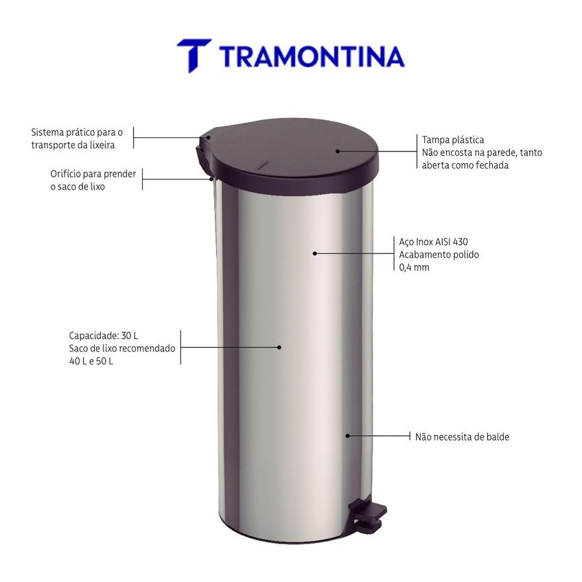 Lixeira Com Pedal New Em Aço Inox Polido 30 L Tramontina - imagem 4