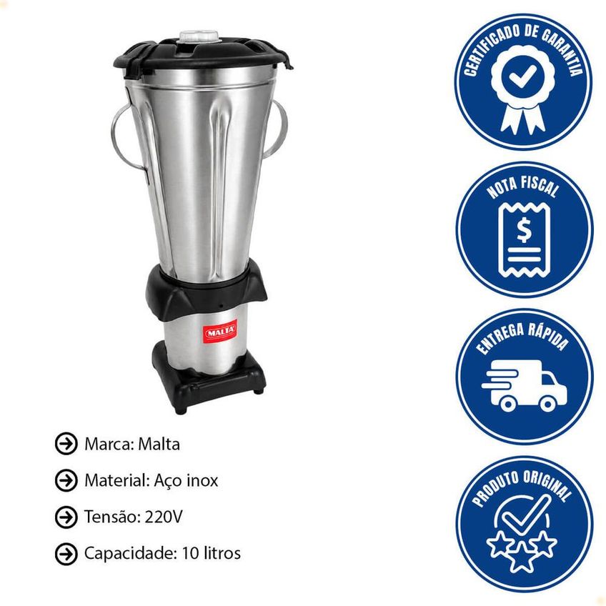 Liquidificador De Baixa Rotação Malta Em Aço Inox 10 Litros 220v Linha Leve - imagem 4