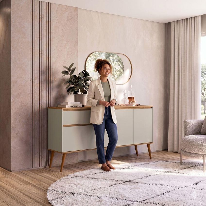Aparador Buffet Bellagio Retrô 4 Portas 1 Gaveta Mdf Pés Palito Off White - imagem 5