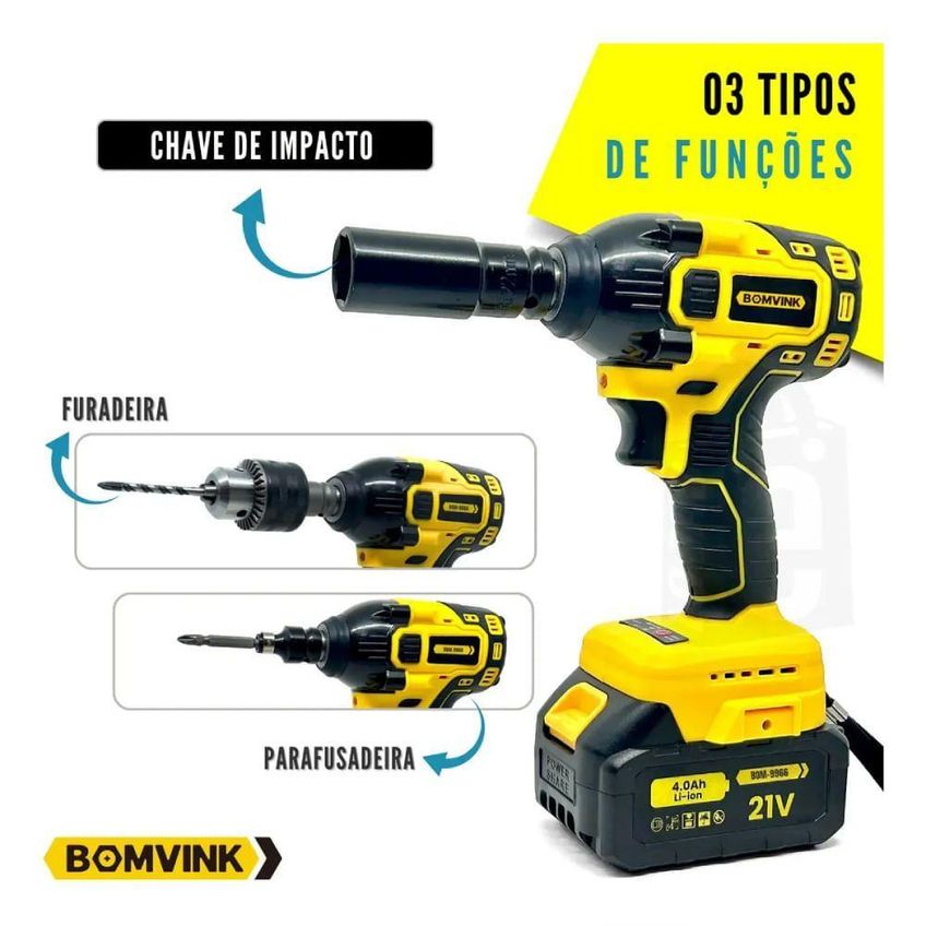 Chave De Impacto Bom-9966 Com Torque 320nm E Sistema 3 Em 1 Bivolt Verde Bomvink - imagem 3