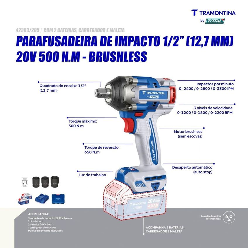 Chave De Impacto 1/2 20V 500 Nm Brushless Tramontina By Total Com 2 Baterias E Maleta - imagem 3