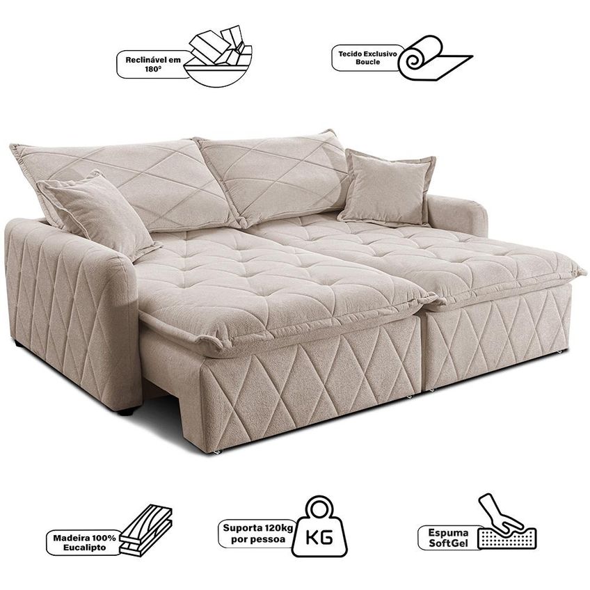 Sofá Sem Caixa Retrátil 2,00m Softgel Sublime Boucle Bege Claro Cama Inbox - imagem 3