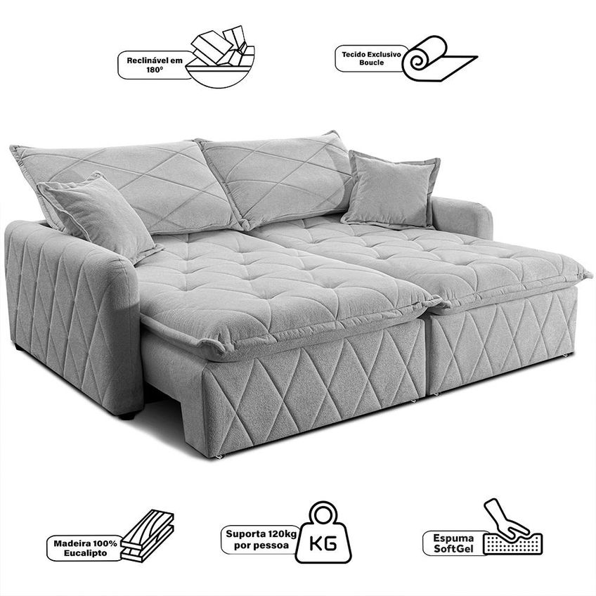 Sofá Sem Caixa Retrátil 1,80m Softgel Sublime Boucle Cinza Claro Cama Inbox - imagem 3