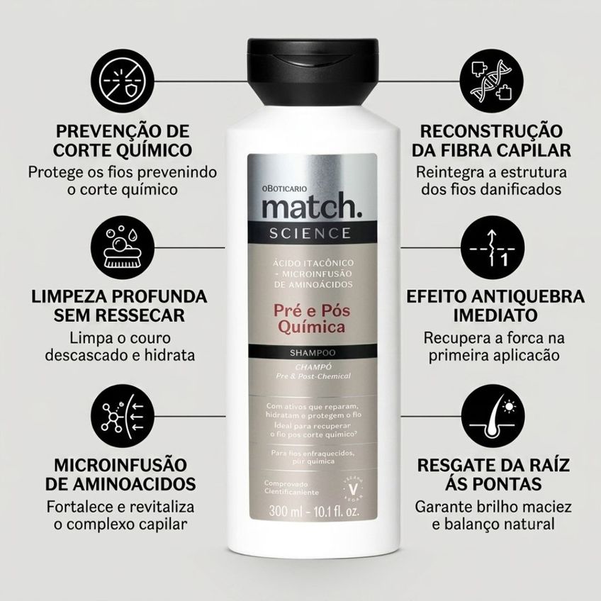 Shampoo Match Science Pré E Pós Química O Boticário 300ml - imagem 3