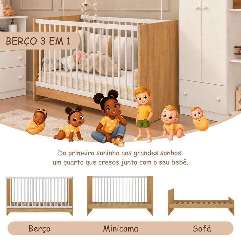 Quarto De Bebê Completo Com Berço 3 Em 1 Para Colchão 130x60cm Confete Multimóveis Mp4911 Madeirado/branco - imagem 3