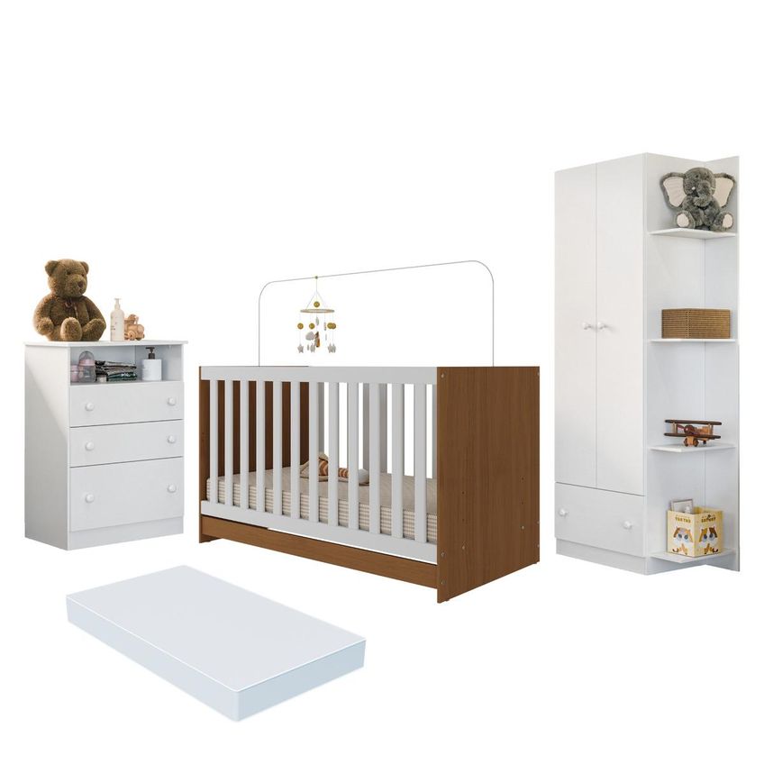 Quarto De Bebê Completo Com Berço 3 Em 1 E Colchão Incluso Confete Multimóveis Mp4915 Madeirado/branco - imagem 2