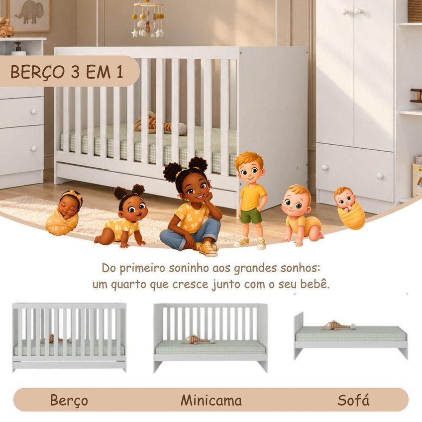 Quarto De Bebê Completo Com Berço 3 Em 1 E Colchão Incluso Confete Multimóveis MP4915 Branco - imagem 3