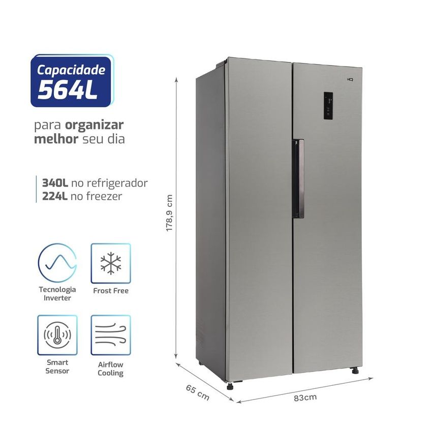 Geladeira Side by Side Frost Free 564 Litros HQ Inverter Airflow Cooling Inox HQ-564SBSFFS - imagem 3