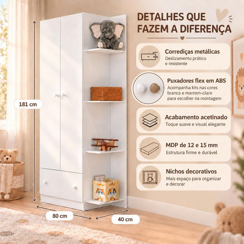Guarda-roupa Infantil Com 2 Portas E 1 Gaveta 80cm Confete Multimóveis MP4868 Branco - imagem 3