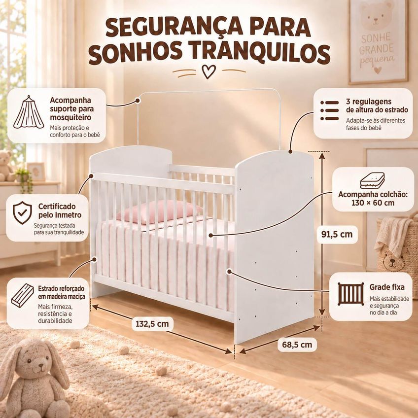 Quarto De Bebê Berço Com Colchão E Guarda-roupa 2 Portas 1 Gaveta Confete Multimóveis MP4912 Branco - imagem 3