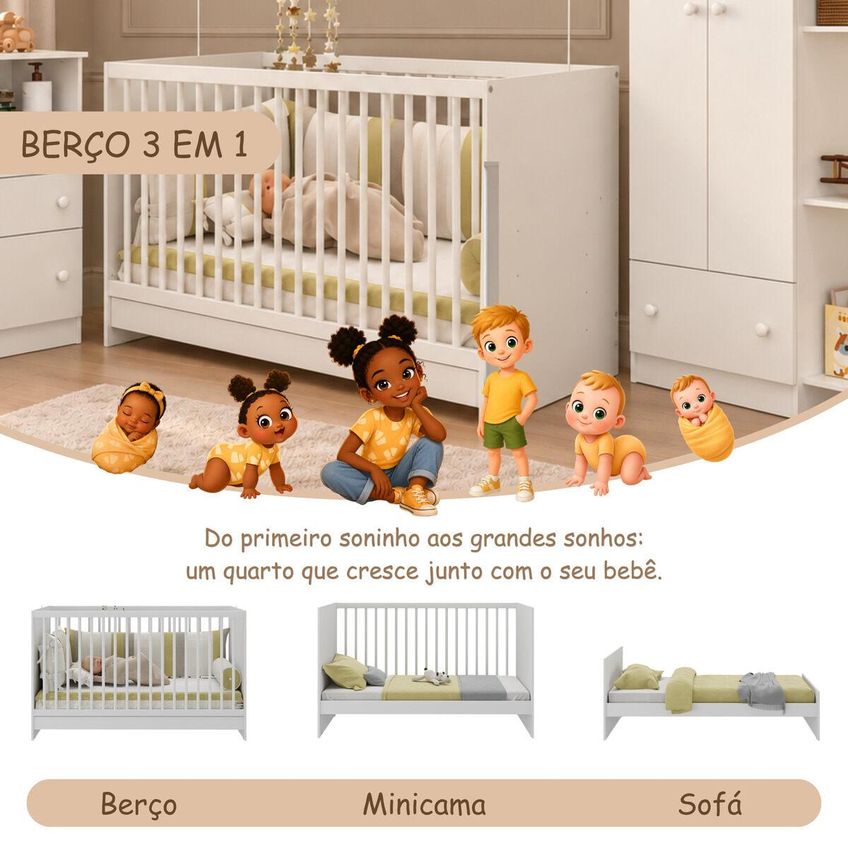 Quarto De Bebê Completo Com Berço 3 Em 1 Para Colchão 130x60cm Confete Multimóveis Mp4911 Branco - imagem 3