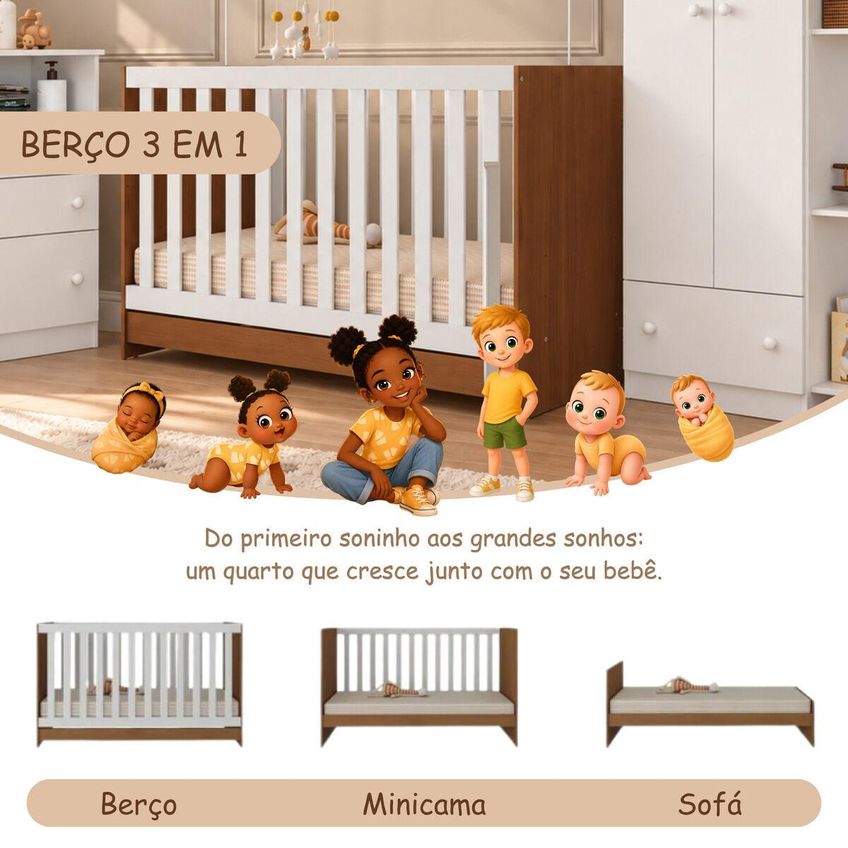 Quarto De Bebê Completo Com Berço 3 Em 1 Para Colchão 130x60cm Confete Multimóveis Mp4910 Madeirado/branco - imagem 3