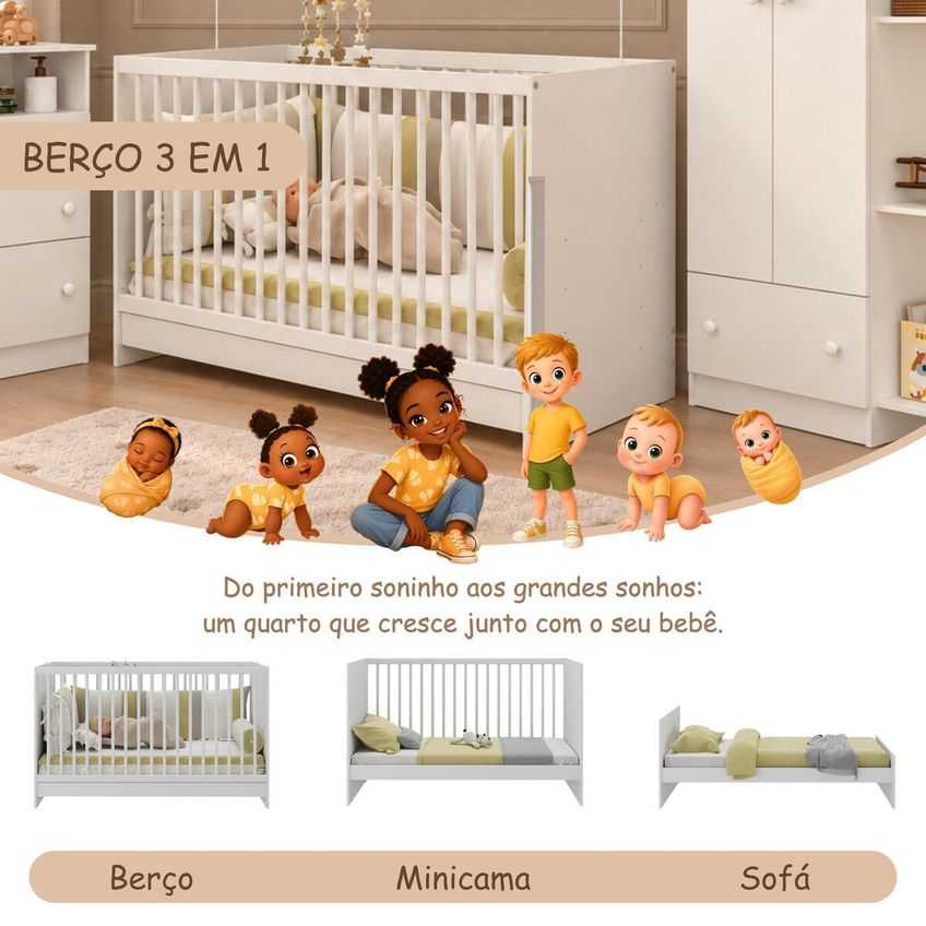 Quarto De Bebê Completo Com Berço 3 Em 1 E Colchão Incluso Confete Multimóveis MP4916 Branco - imagem 3