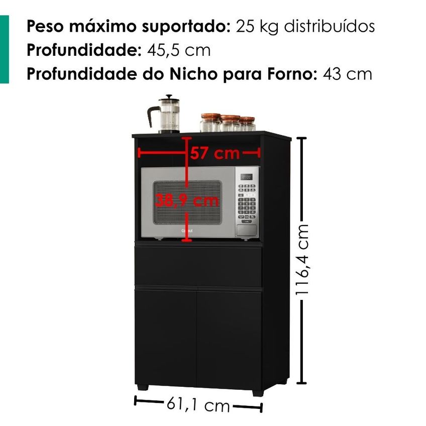 Balcão Para Microondas 1 Gaveta 2 Portas 61 Cm Noruega Preto Rudk - imagem 3