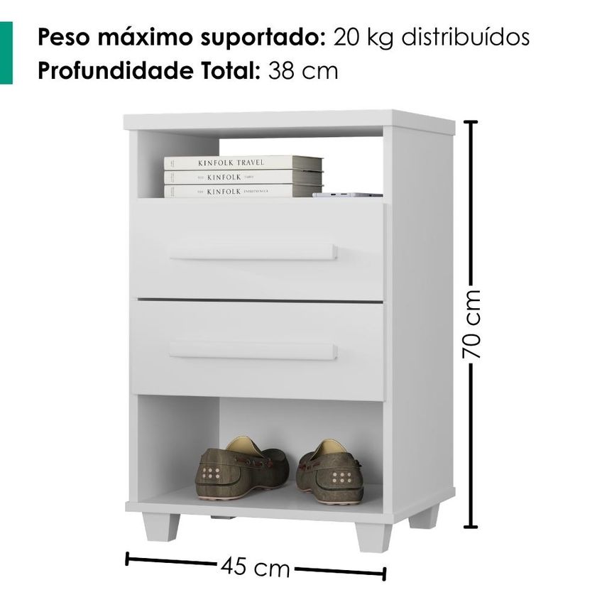 Kit 2 Mesas De Cabeceira 2 Gavetas 45 Cm Valente Plus Branco Rudk - imagem 3