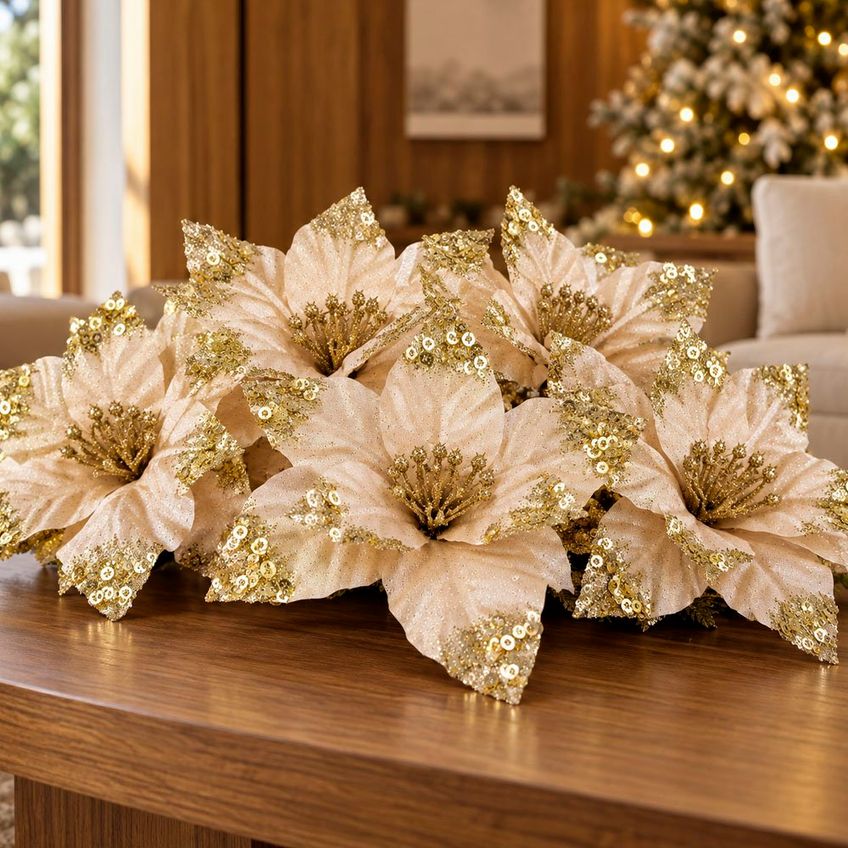 Flor Natalina Artificial Dourado Bege Enfeite 30cm Kit 8pçs - imagem 3