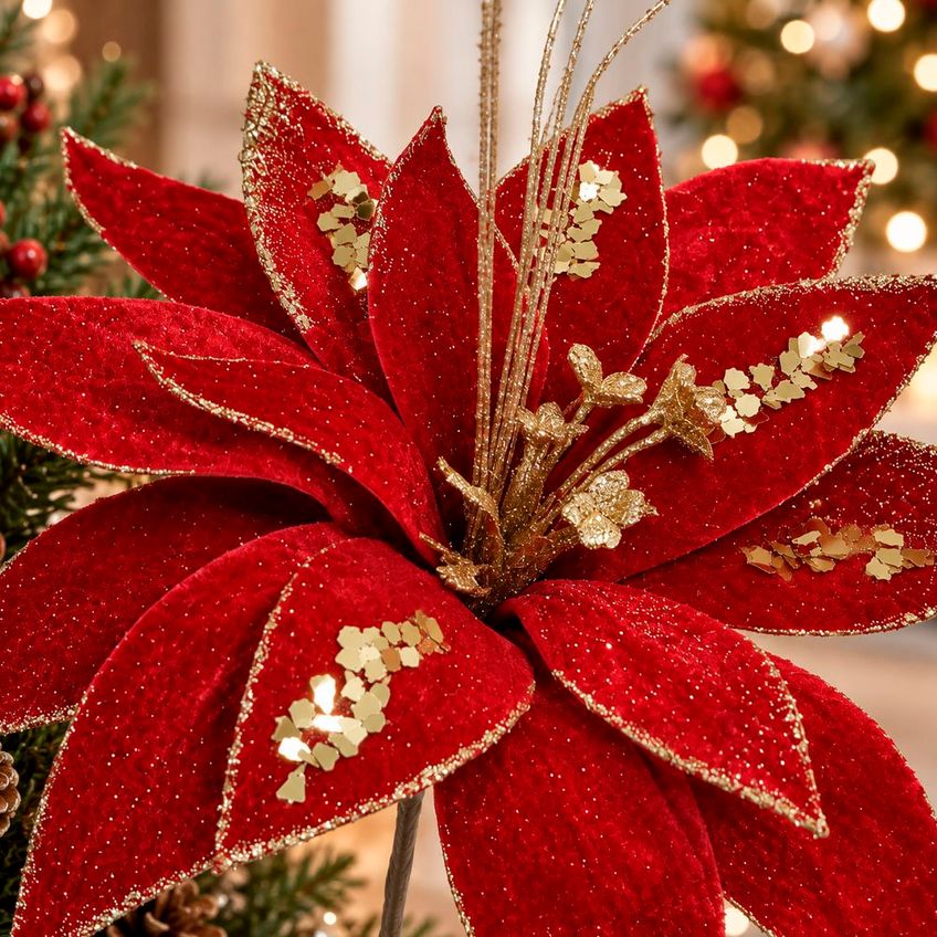 Flor Natal Vermelha Camurça Enfeite Decoração 35cm Kit 8pçs - imagem 3