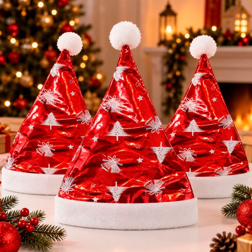 Touca Gorro Brilhante Papai Noel Enfeite Natal 40cm Kit 9pçs - imagem 4