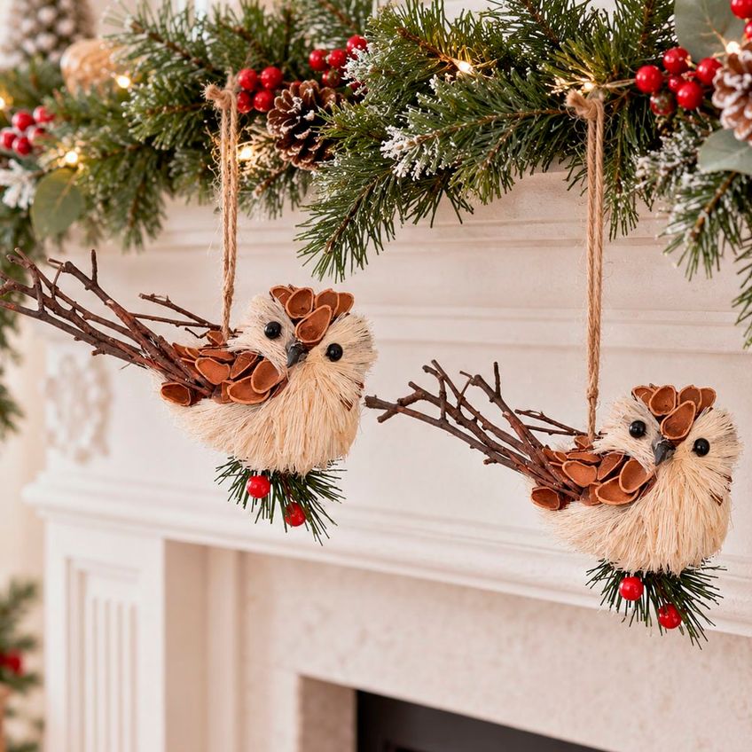 Pendente Passarinho Enfeite Árvore Natal Palha 15cm Kit 3pçs - imagem 3