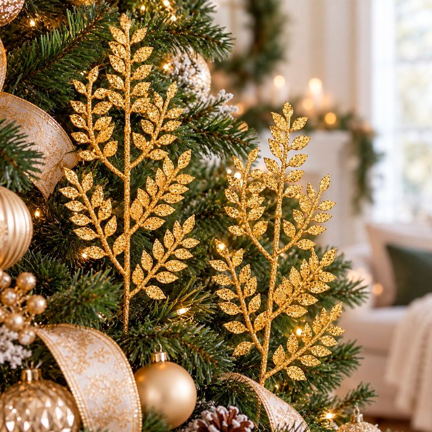 Ramo Folha Artificial Natalino Glitter Dourado 40cm 20 Peças - imagem 4