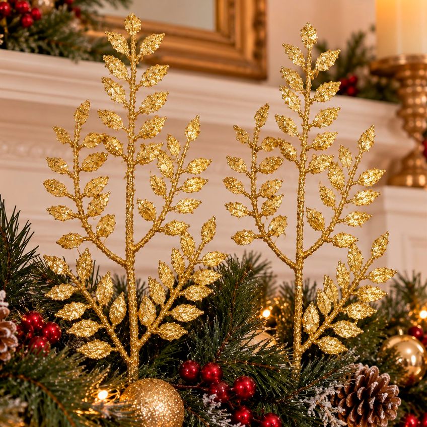 Ramo Folha Artificial Natalino Glitter Dourado 40cm 20 Peças - imagem 5