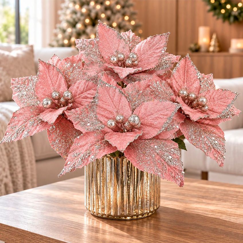Flor Natal Rosa Gold Enfeite Decoração Glitter 25cm Kit 6pçs - imagem 3
