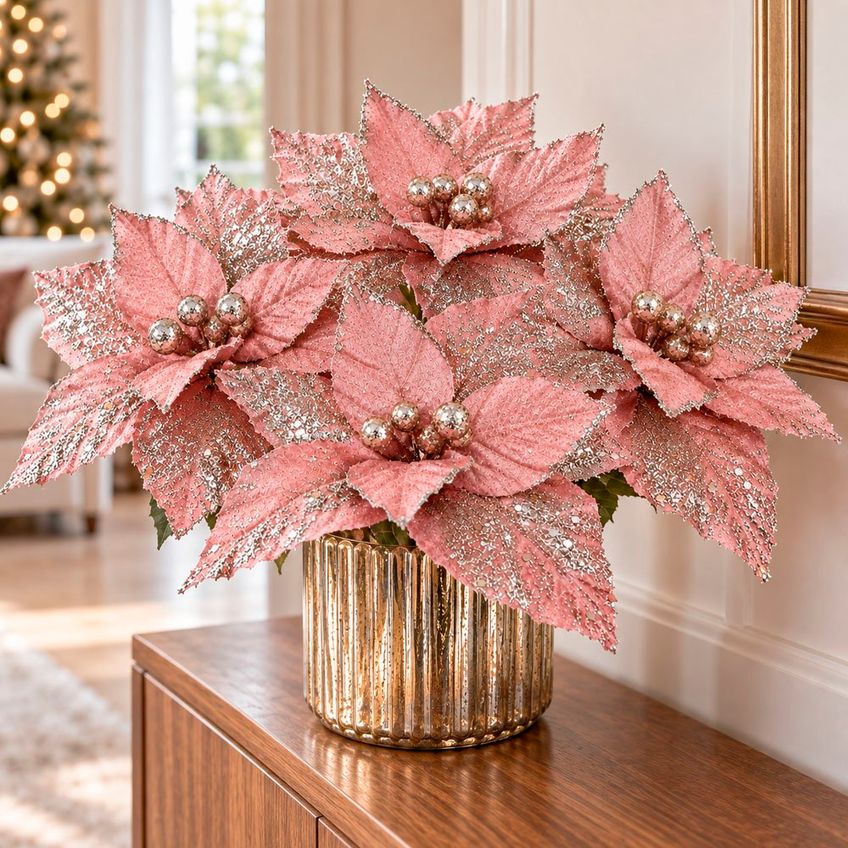 Flor Natal Rosa Gold Enfeite Decoração Glitter 25cm Kit 6pçs - imagem 5