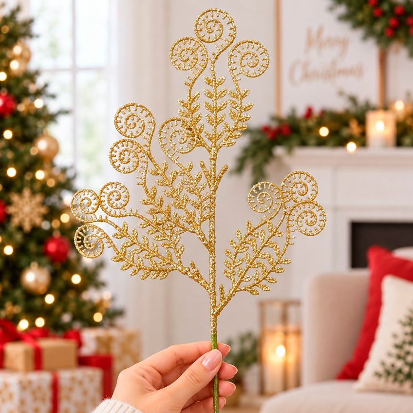 Ramo Folha Artificial Natal Glitter Dourado 30cm 15 Peças - imagem 2